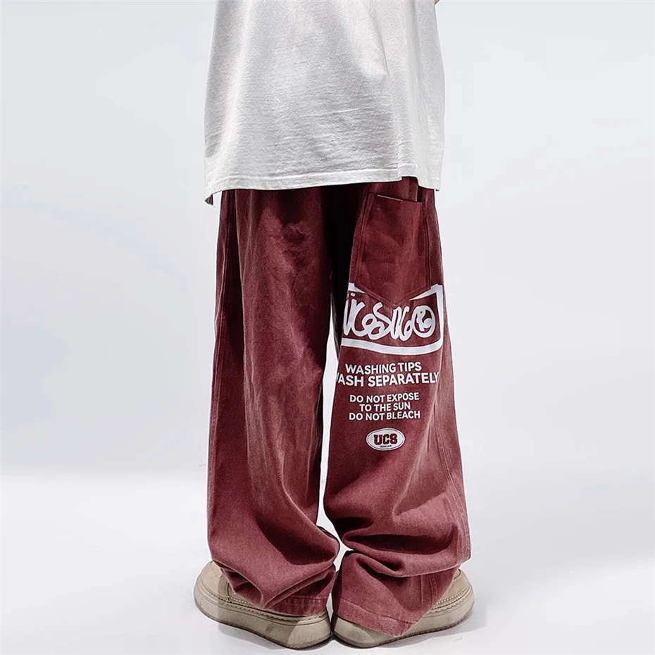

Letter Print Jeans Mens Streetwear Hip Hop Punk Wide-leg Trousers Harajuku Vintage Baggy Elastic Waist Casual Denim Pants Male