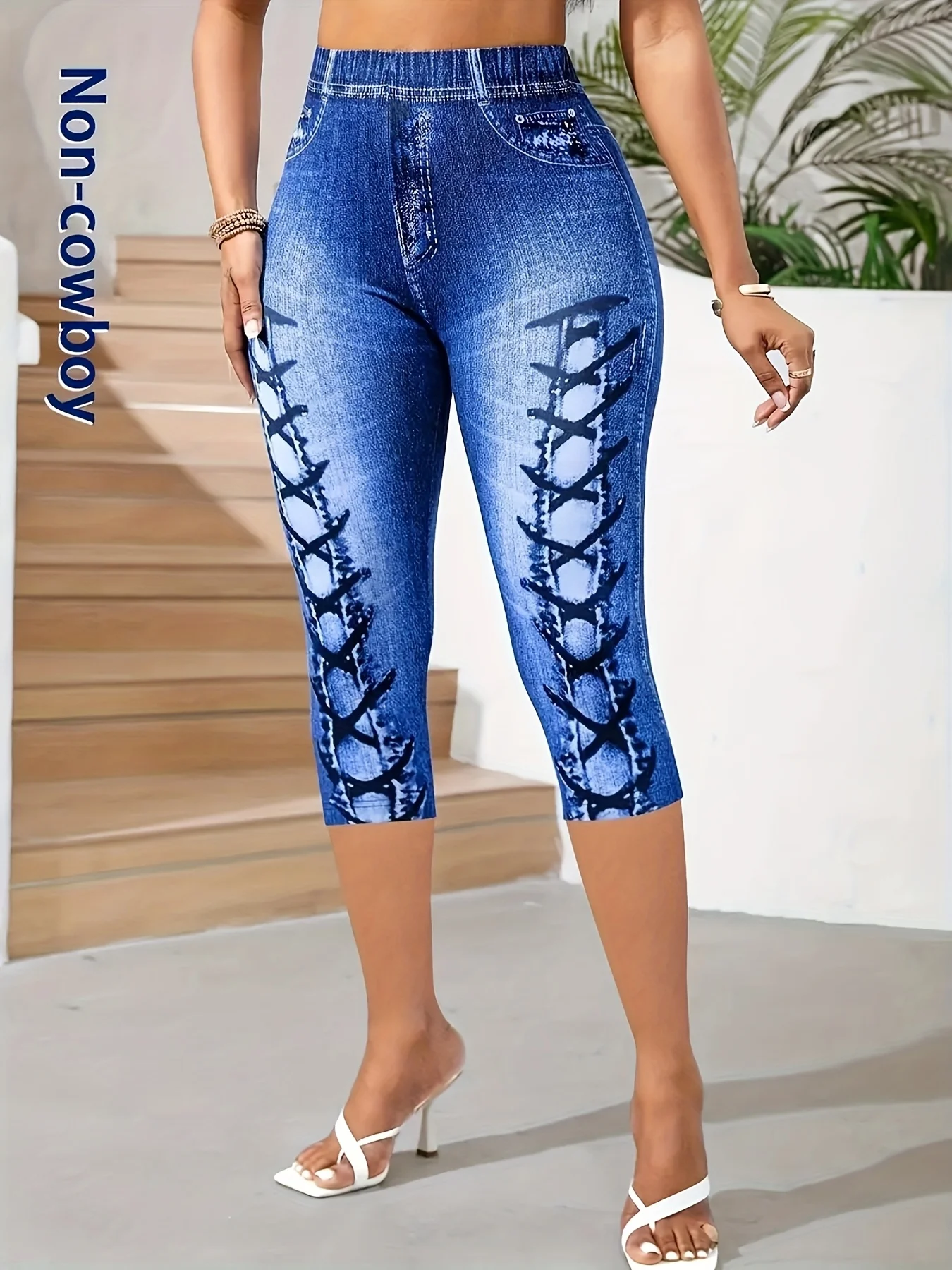 Women Faux Denim Capri Jeggings Crisscross Lace Up Print Elastic Waist Stretch Slim Cropped Leggings Casual Streetwear Pants