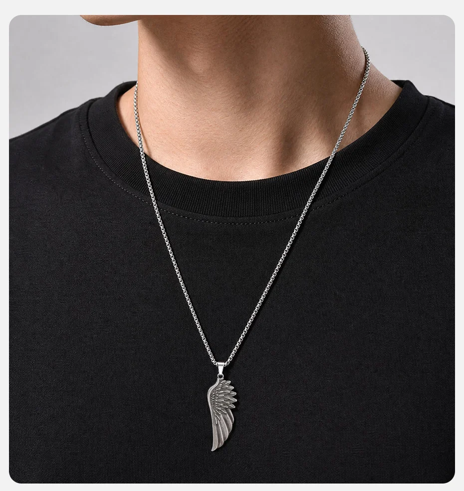 Vnox Vintage-Halskette mit Engelsflügel-Anhänger für Herren, Legierungs-Federflügel-Charm, Edelstahl-Boxkette, Punk-Hip-Hop-Schmuck, Geschenk – Detail 2