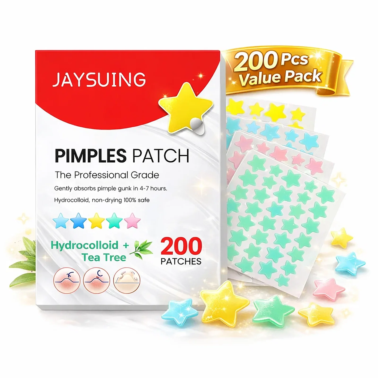 

Патчи от прыщей Star Pimple Patches, 200 шт., гидроколлоидные, в форме звезд, для лица, разноцветные, для маскировки несовершенств, с гамамелисом, впитывающие выделения