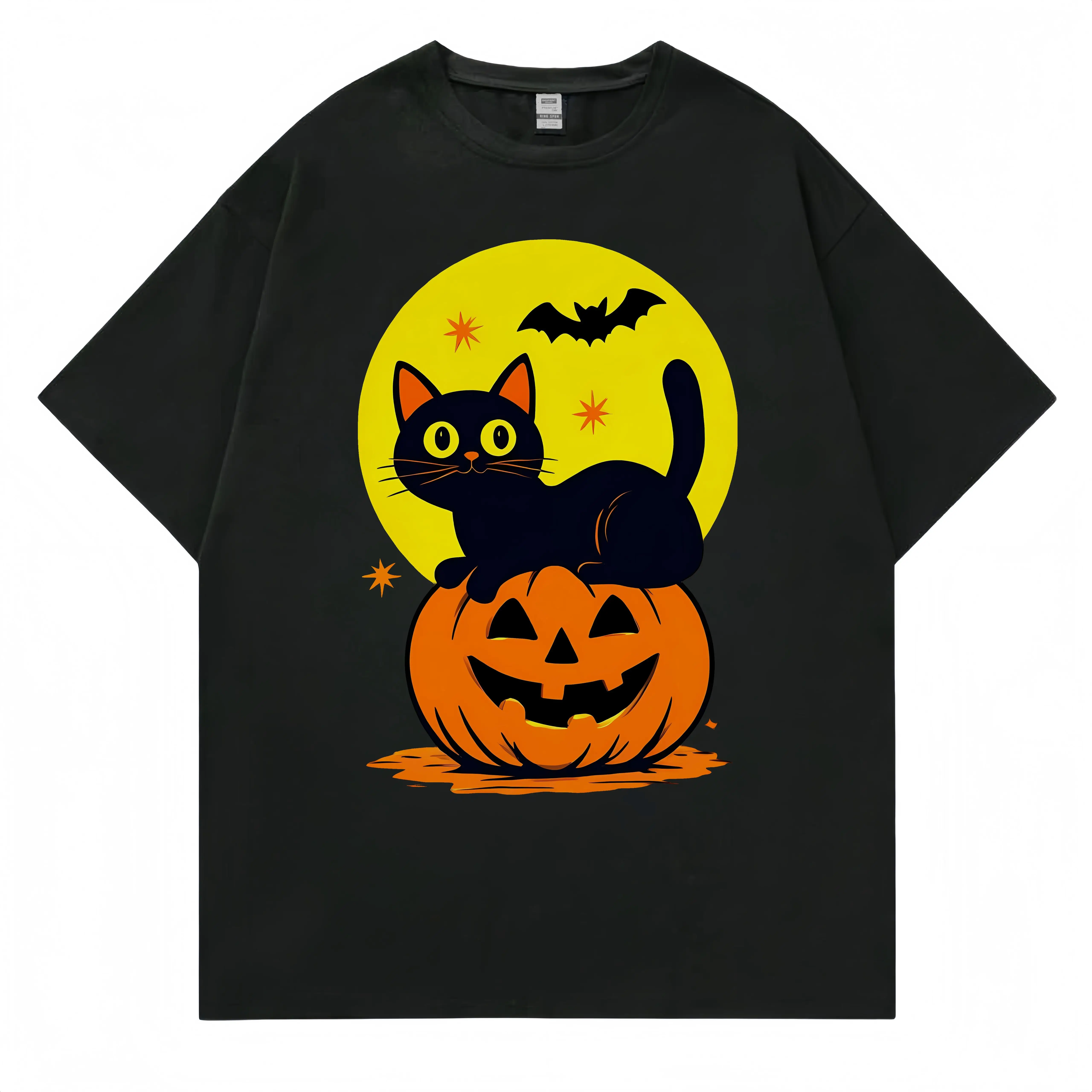 Zaelia T-shirt noir à manches courtes avec imprimé chat citrouille chauve-souris Halloween pour tenue de fête festive
