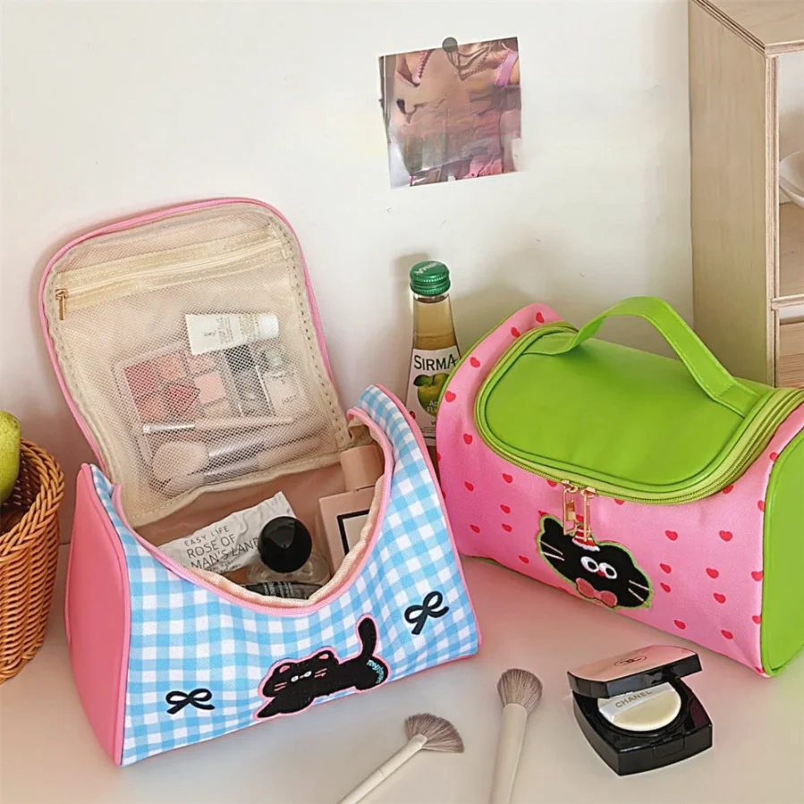 Cute Cartoon Kitten Handheld Makeup Bag for Girls, Portable Large Capacity Makeup Storage Bag