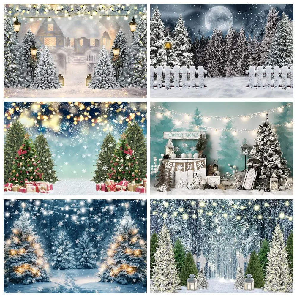 

Winter Forest Glitter Lights Pine Tree Backdrop Outdoor Snow Scene Kid Portrait Birthday Xmas Party Photography Background Decor
