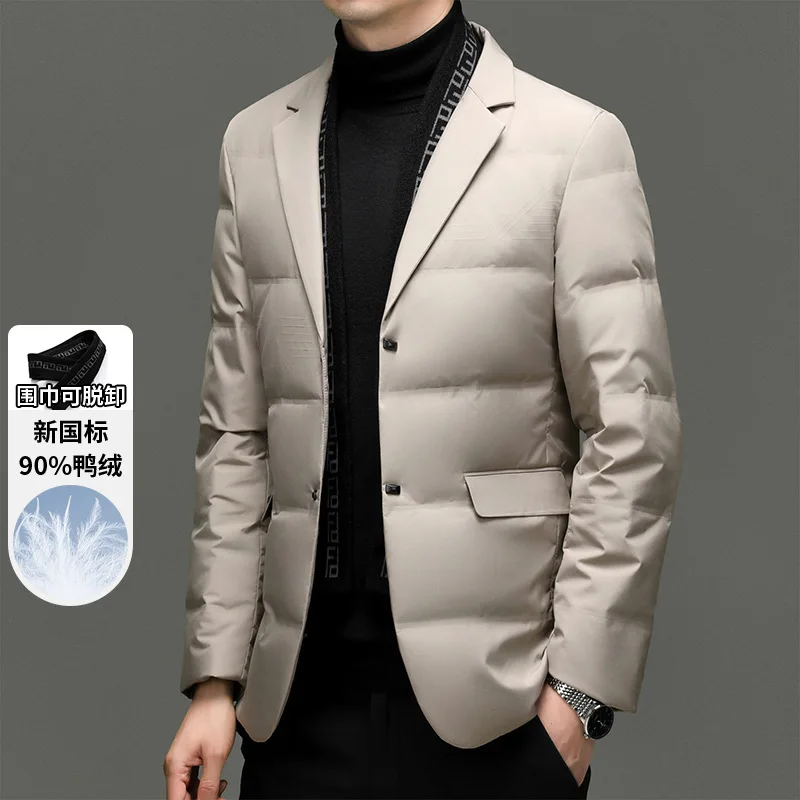 

2025 men's autumn and winter, take-off scarf collar duck down warm blue, business down blazer