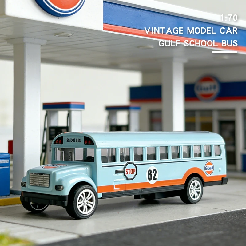 Modelo de Autobús Escolar GULF de Aleación a Escala 1:70, de Alta Calidad, Clásico, con Mecanismo de Retroceso, Réplica de Vehículo en Miniatura para Colección o Regalo