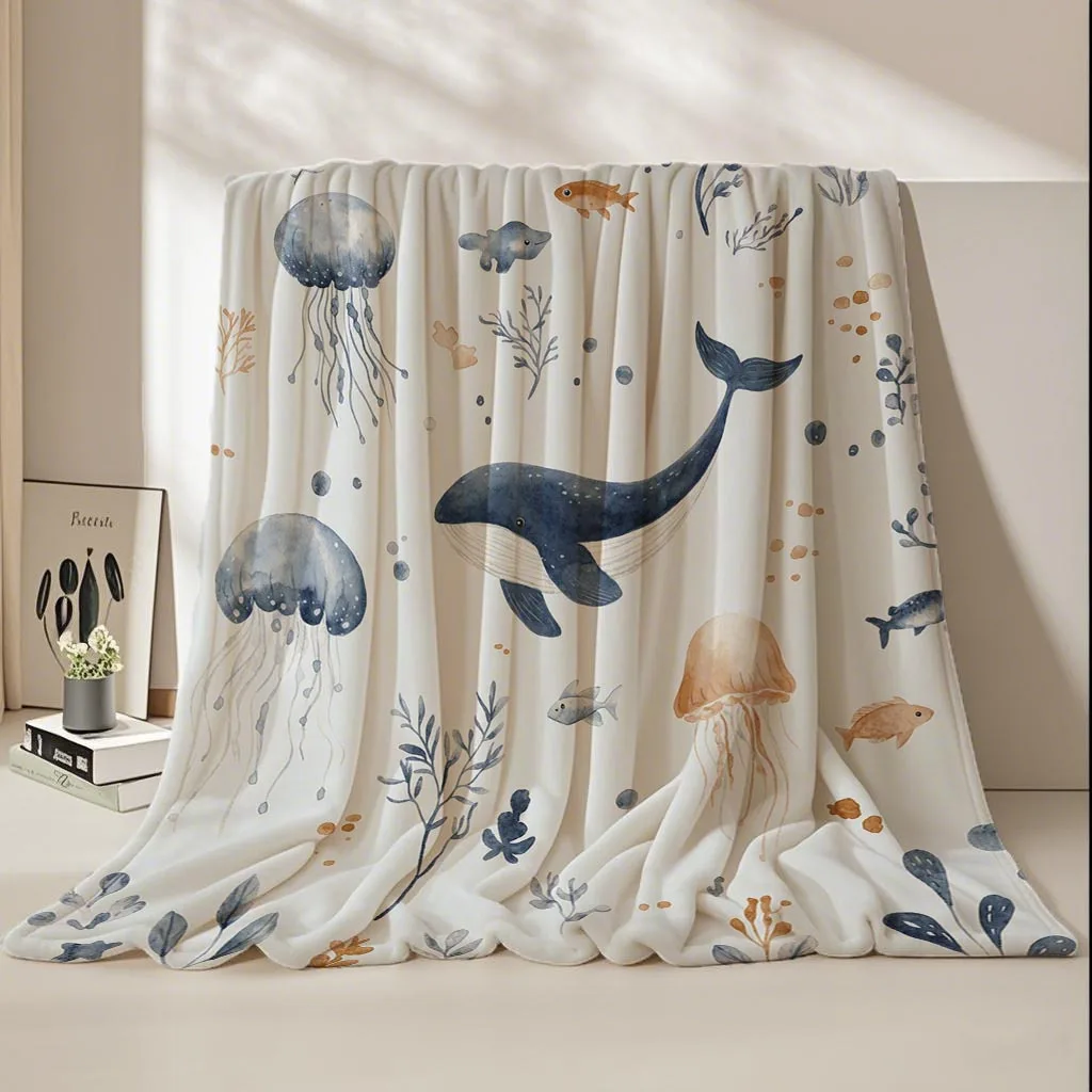 Whales and Jellyfish Ocean Print Throw Blanket Cozy Aesthetic Fleece Microfiber Throw for Home Decor and Gifts