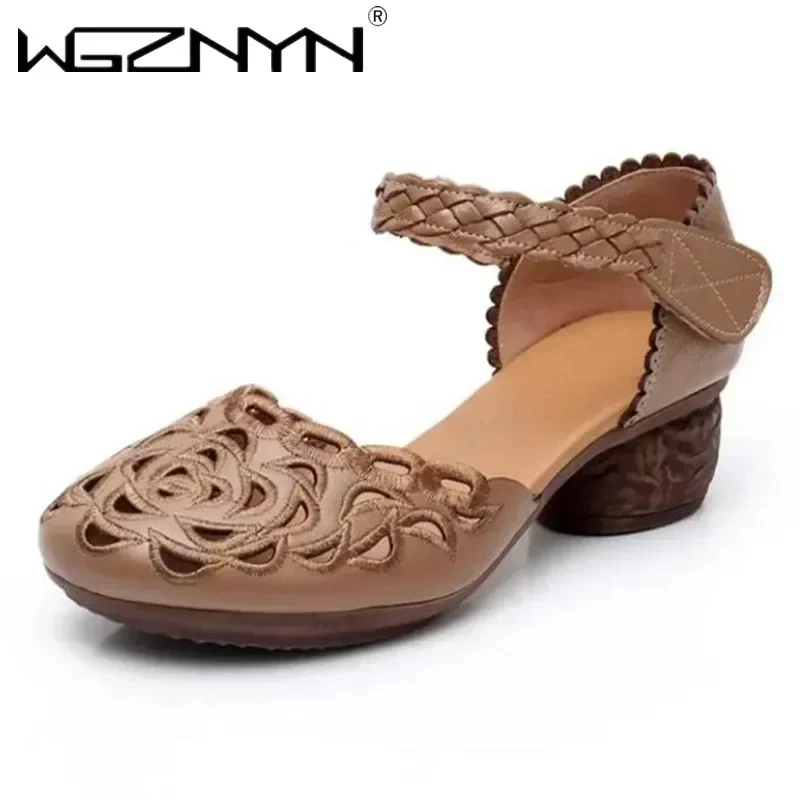 Luxury 2026 Summer Women's Genuine Leather Shoes Woman Retro Hollow Out Sandals Female Hook & Loop Heels Ladies Platform Sandal