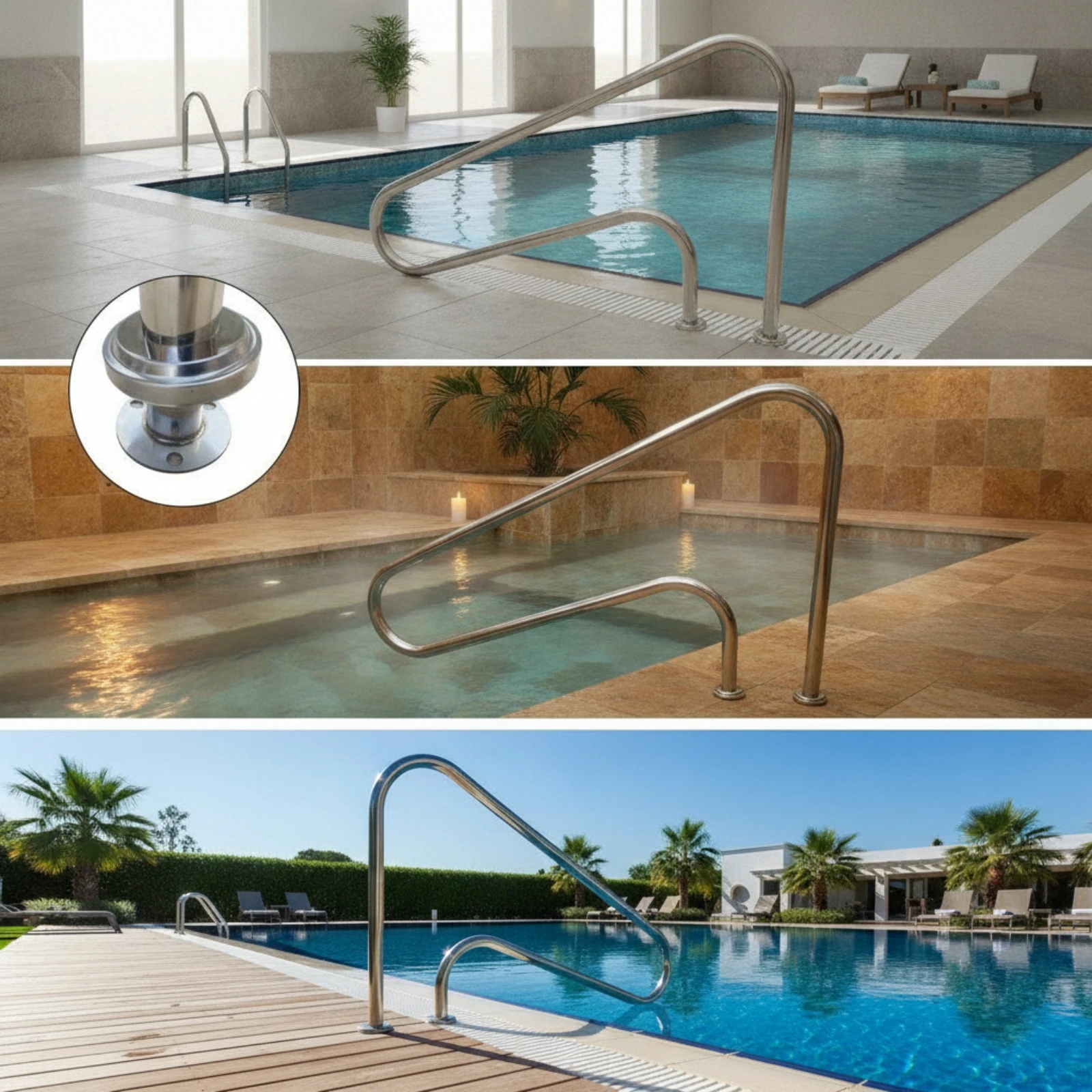 Pool Ladder Handrail Polished Pool Rail with Flange Base Anchor Long-Lasting Hardware Sturdy