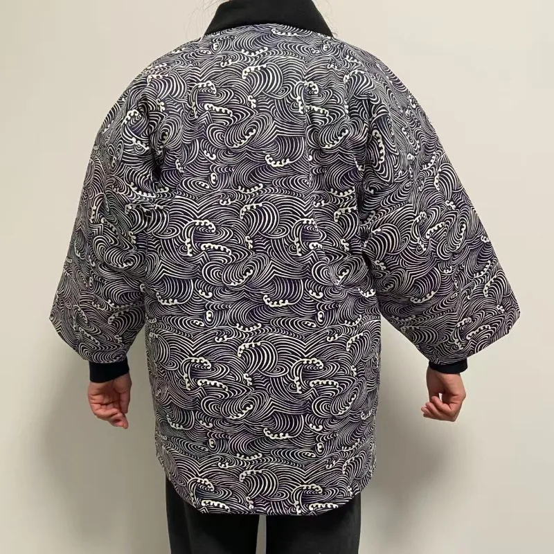 Traditional Japanese Hanten Jacket Unisex Winter Kimono Coat Quilted Noragi Cardigan Wave Print Loose Fit Outerwear Harajuku