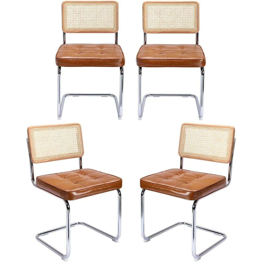 Modern dining chairs 4 middle century,Accent Rattan Kitchen Chairs, Armless Mesh Back Cane Upholstered Leather Chairs Legs,Brown