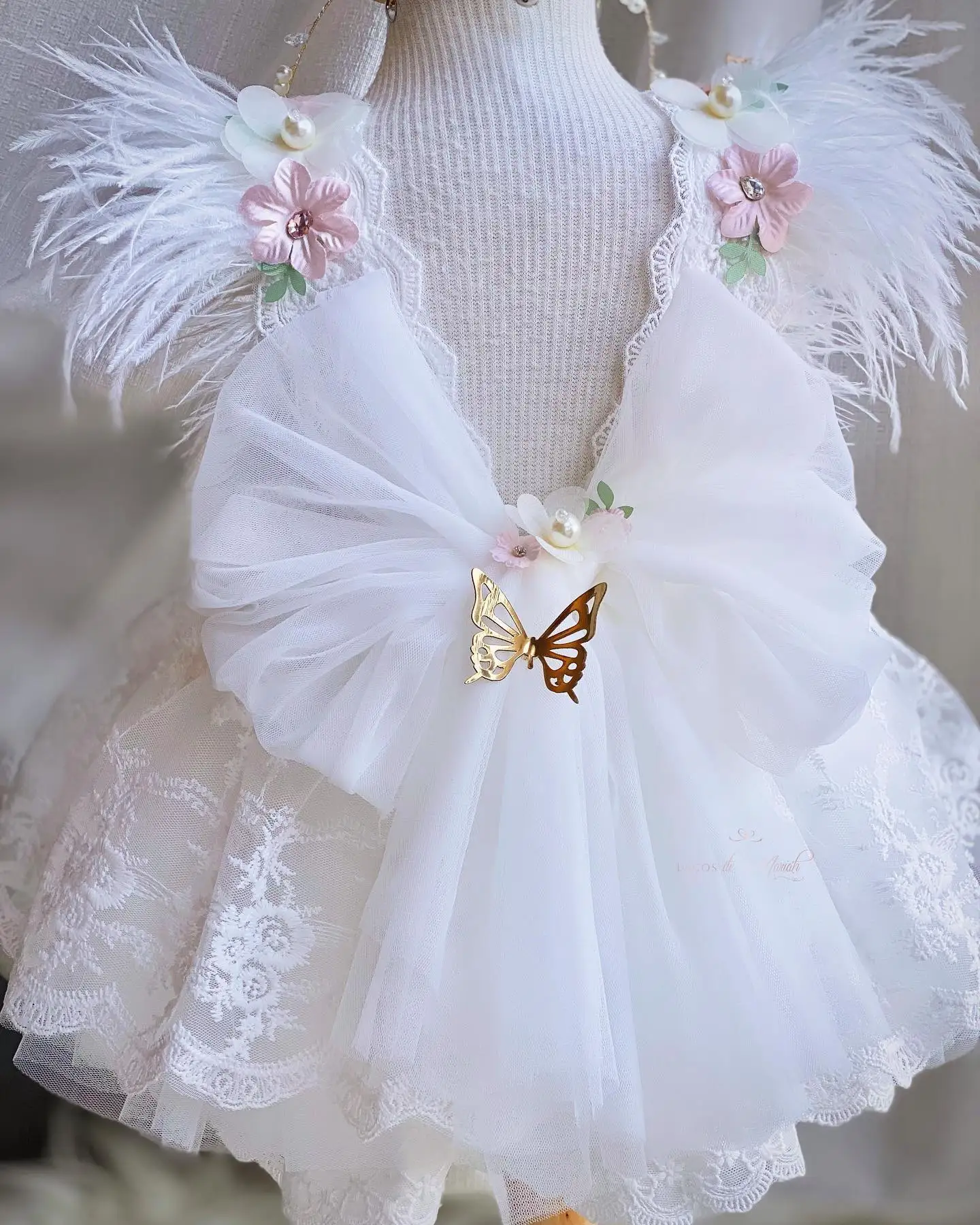 Robe en tulle et dentelle pour filles, avec plumes blanches, motif papillon, fleur, pour mariage, anniversaire, fête, spectacle, pour enfants