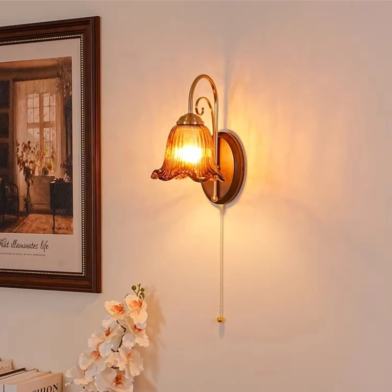 

American Style Retro Glass Flower Wall Lamp Bedroom Bedside Living Room Background Wall Study Corridor Atmosphere Sconces Lights