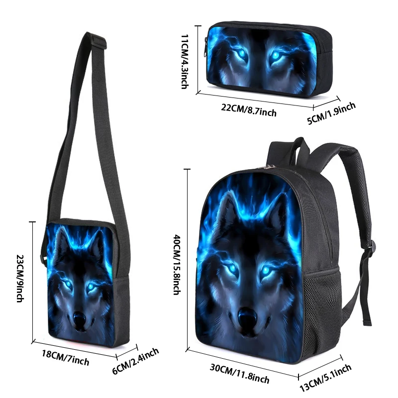 Wolf 3Pcs/Set Child Backpack with Messenger Bags ,Pencil Bags,School Bags For Boy/Girls Best Gift 2D Cartoon Student School Bags