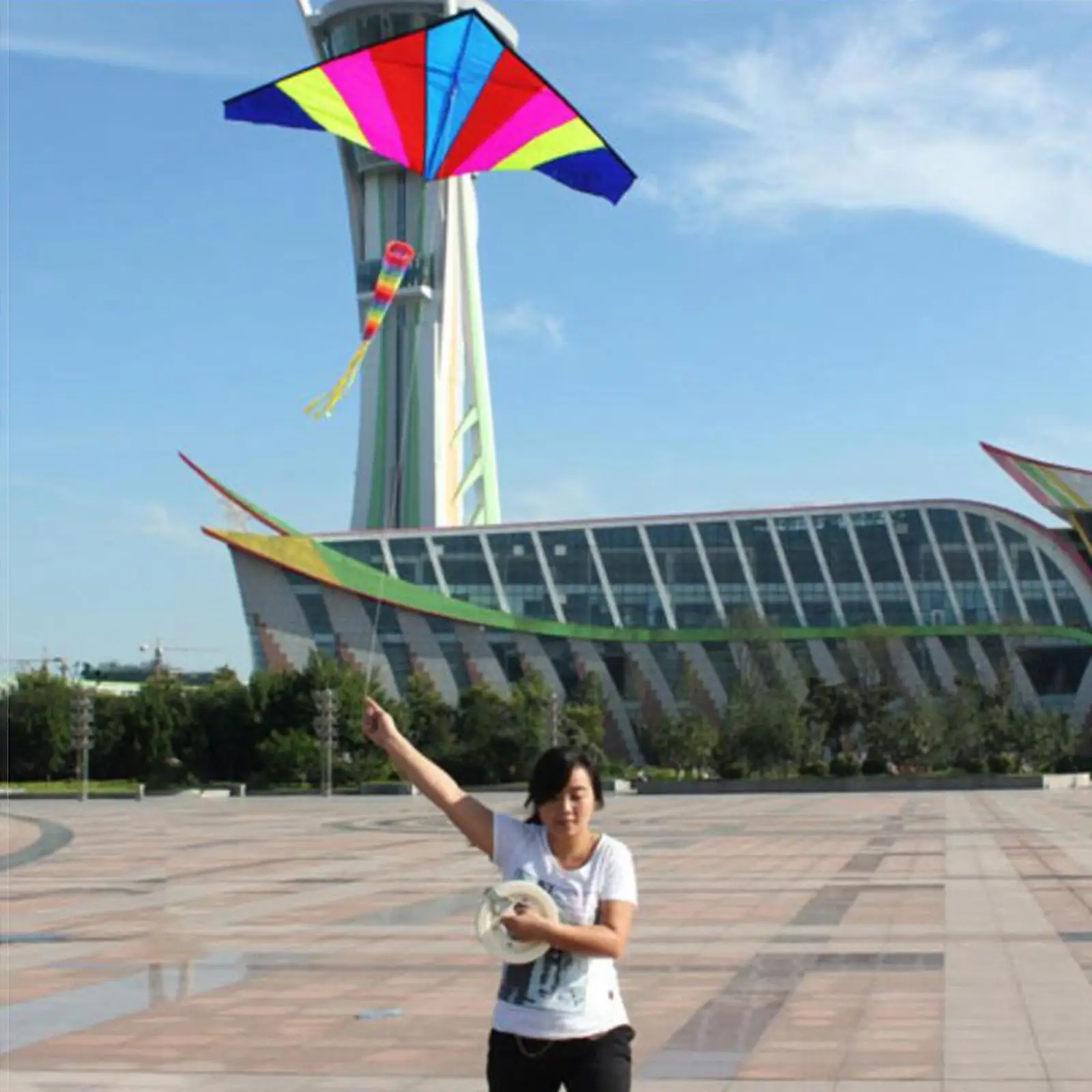 Colorful Delta Kite with Tail Huge Triangle Kite Single for Family Trips Activities Kids Adults