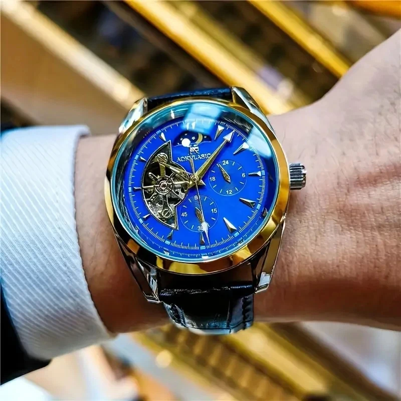 [Cool Men's Automatic Mechanical Watch] Men's Automatic Mechanical Watch, Semi-Spherical Design, High Aesthetic Value, European and American Style, High-End Feel, Light Luxury, Fashionable, Business Casual, Versatile, Stylish Trendy Men's Watch, Cool and Popular Men's Watch, Moon Phase Display, Skeleton Design, Suitable for Various Occasions
