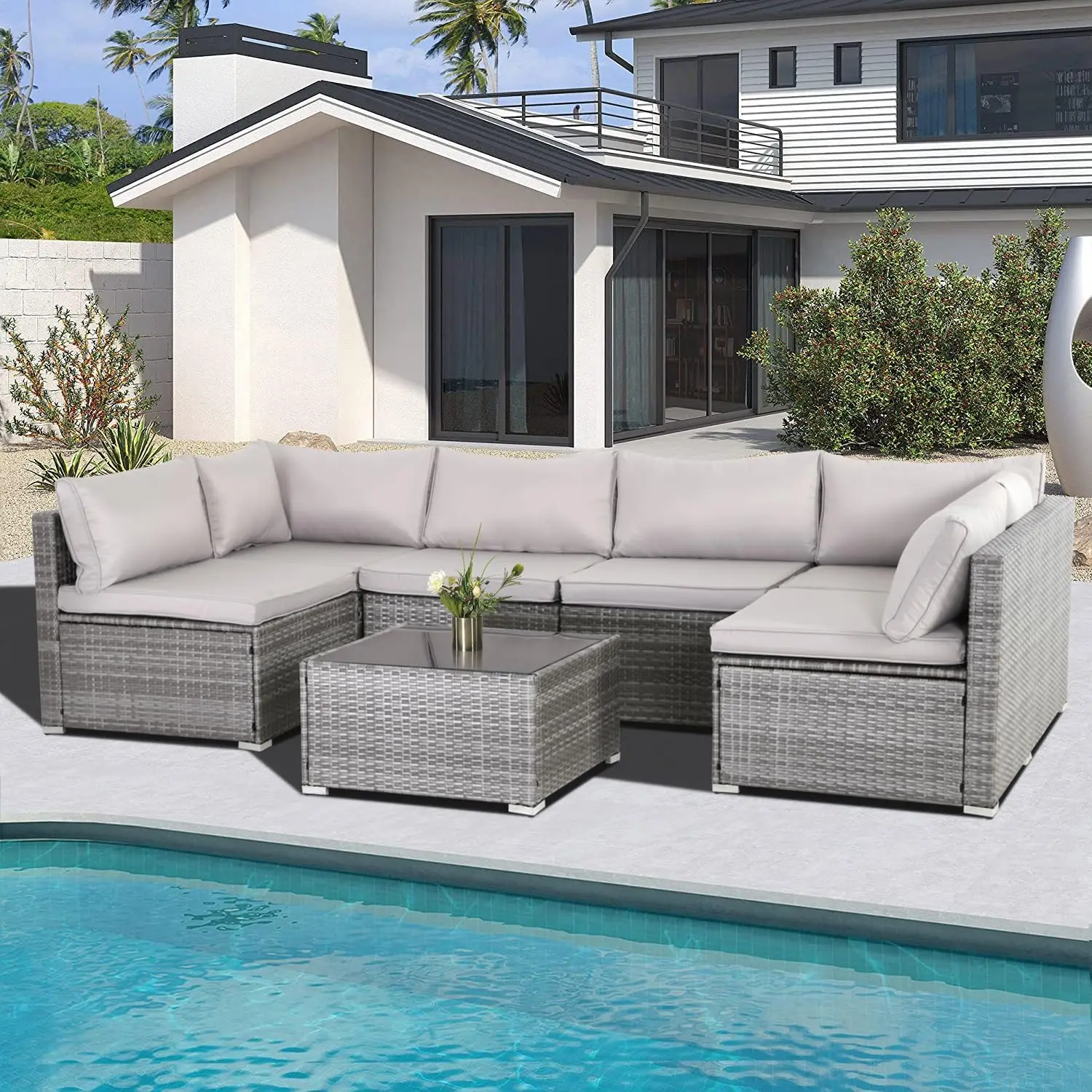 

7 Pieces Patio Furniture Set, Modular Patio Set Wicker Outdoor Sectional Sofa Set PE Rattan Wicker Patio Conversation Set with T