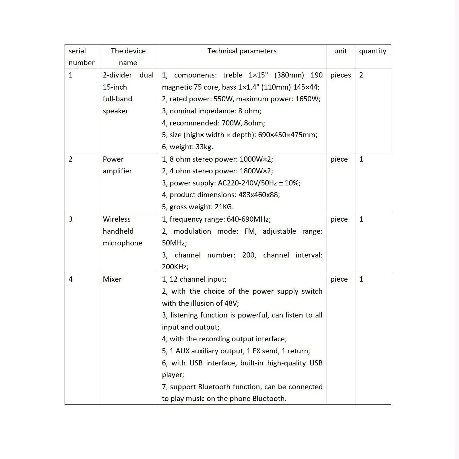 

Полная акустическая система для мероприятий в помещении, комплект из одного 10-дюймового динамика с микшером, микрофонами и усилителем.