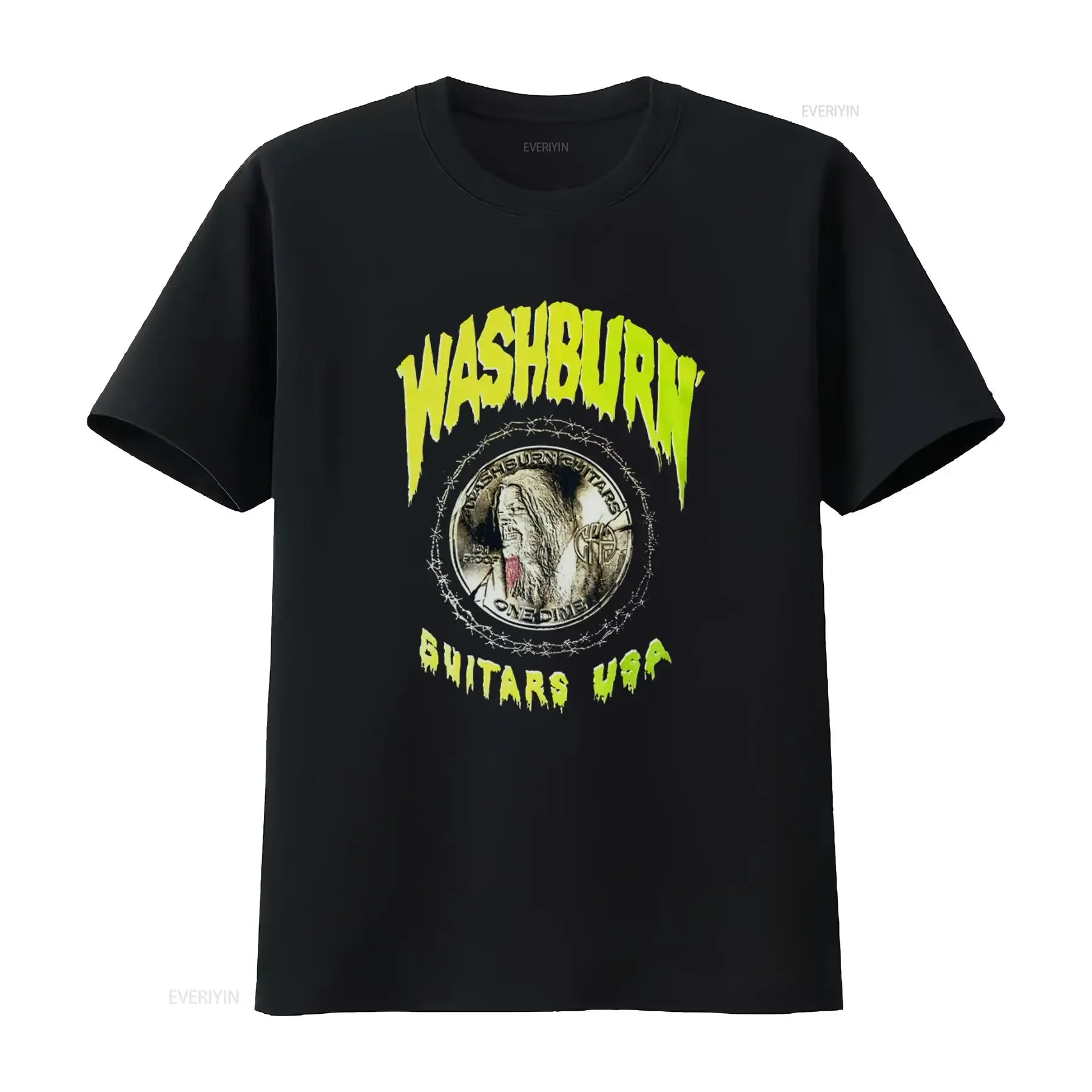 Camiseta Washburn Guitars USA con diseño de Dimebag Darrell y alambre de púas, perfecta para fanáticos del rock, estilo vintage, cómoda y lavada.