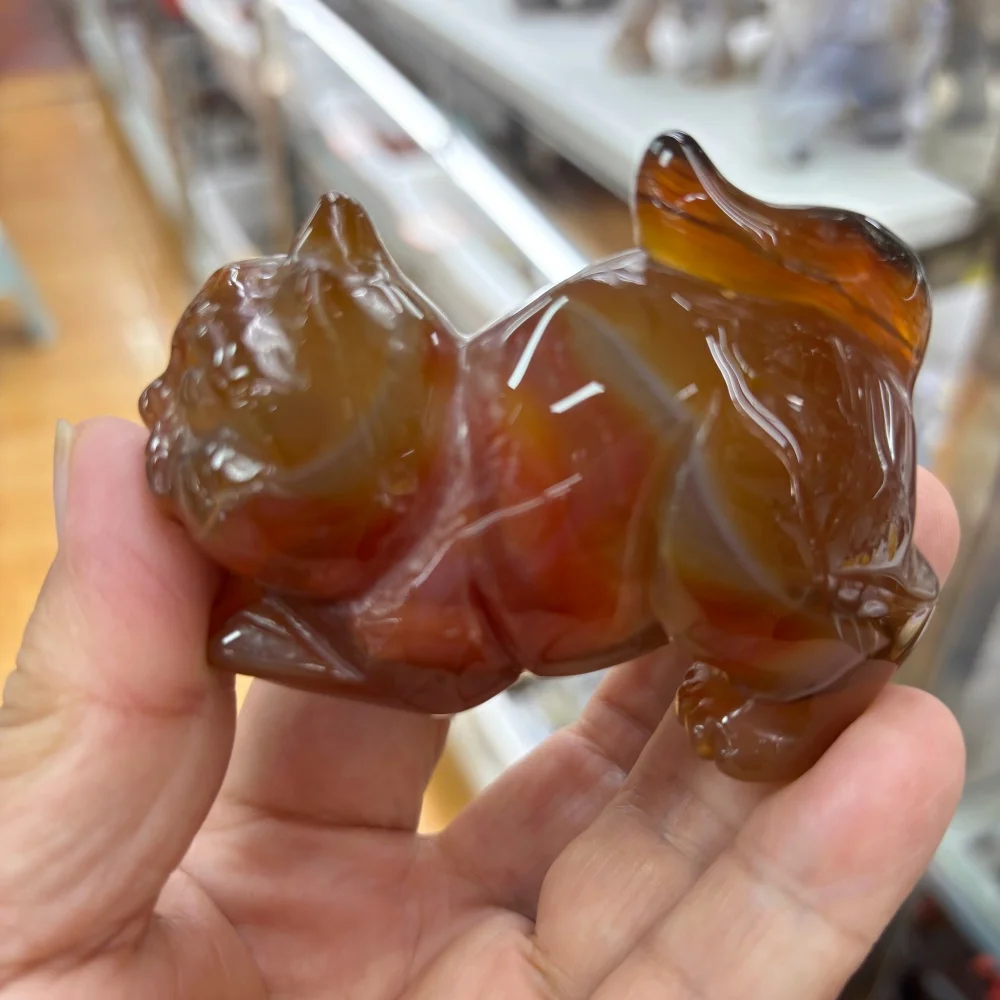 Natural Red Agate Cat Carving Druzy Crystal Animal Statue Feng Shui Wealth Ornament Home Decoration Collectible Crystal Gift