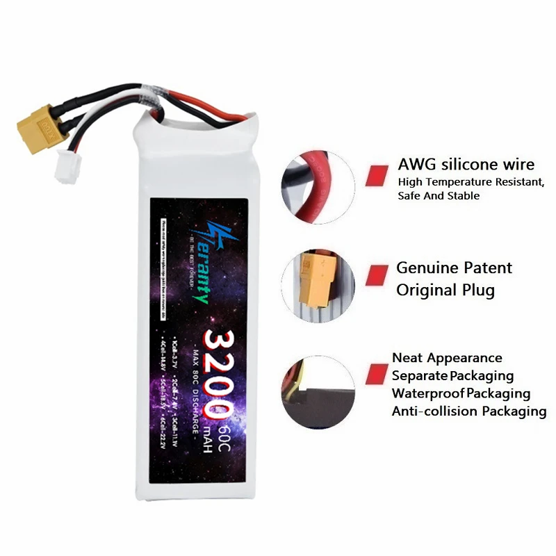 TERANTY 2S 7.4V Akumulator Lipo 3200mAh 60C z wtyczką T do RC FPV Samolot Helikopter Dron Model Czołgu Samochód wyścigowy Hobby DEANS XT60 — zdjęcie produktu 3