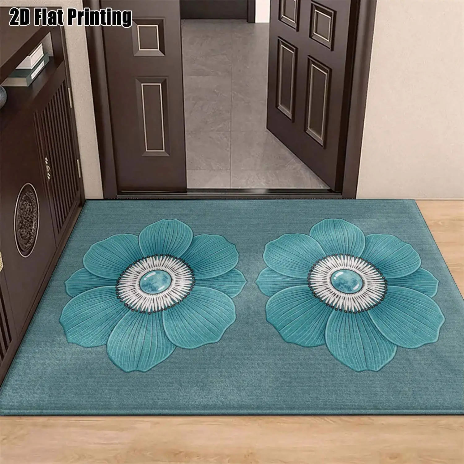 1Pc 2D Printed Nordic/Instagram Style Lake Blue Sapphire Flower Carpet, Machine Washable, Multi-Size for Home Decor, Multi-Scene Use