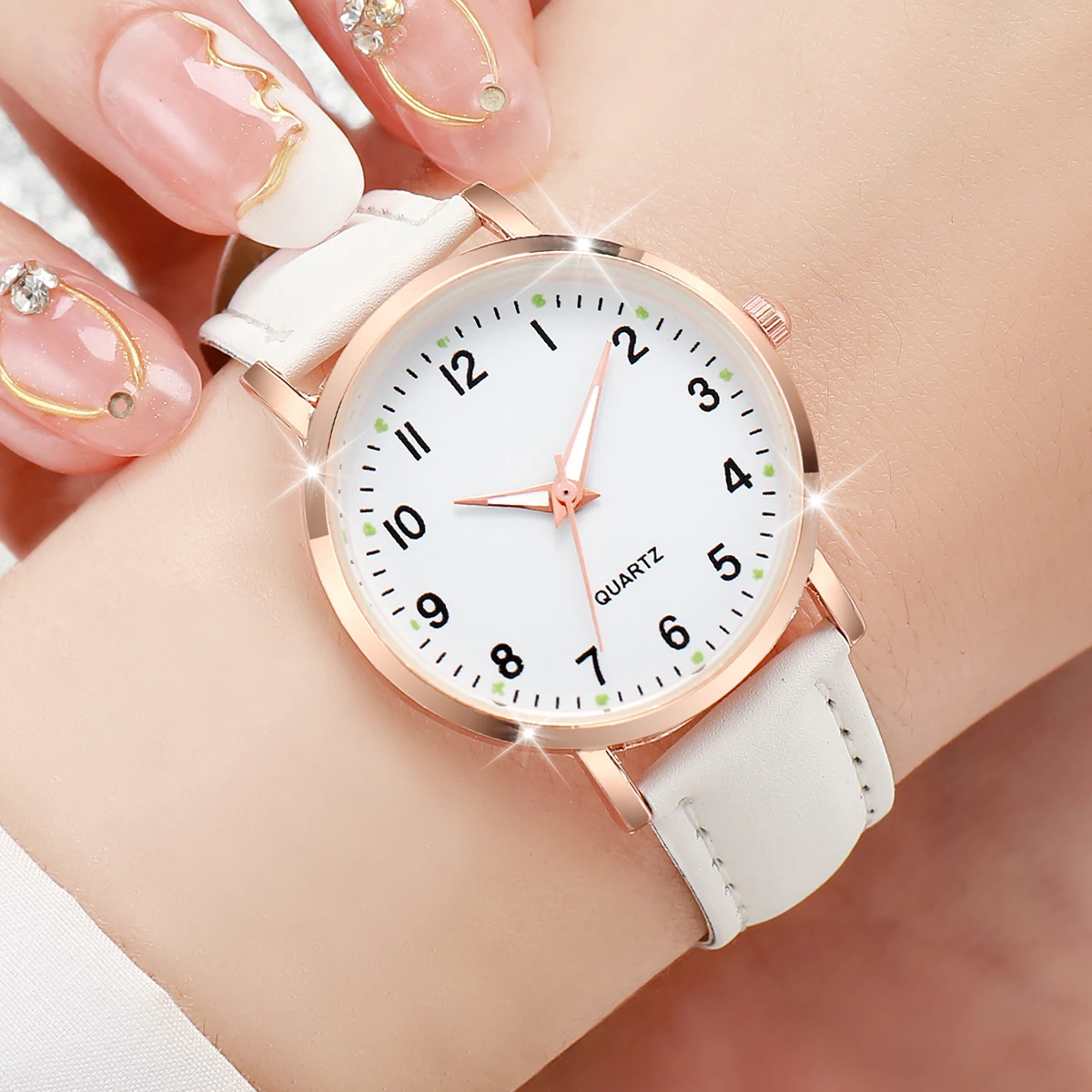5PCS/Set Women\'s Watches Simple Arabic Dial Leather Band Female Quartz Watch(Without Box)
