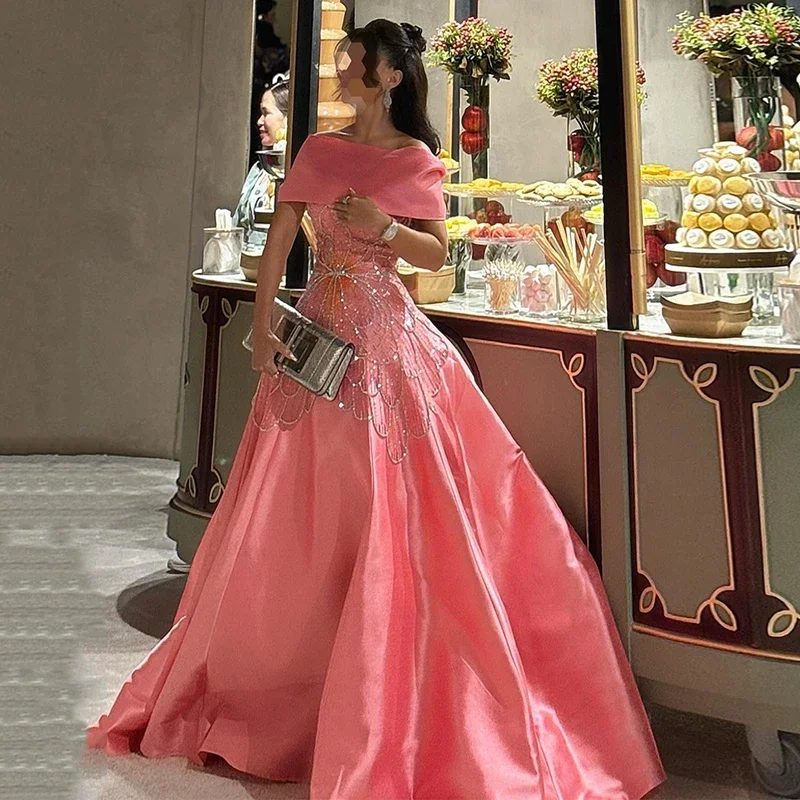 

Saudi Arabian Evening Dress Customized Off The Shoulder Boat Neck Beading A Line Satin Prom Gown Arab Party Dresses Pageant