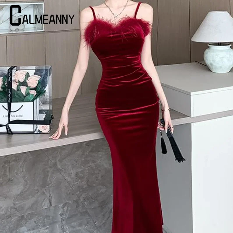 2024 autunno inverno sexy vintage spacco velluto abiti con cinturino per spaghetti per le donne francese elegante festa di nozze abbigliamento femminile