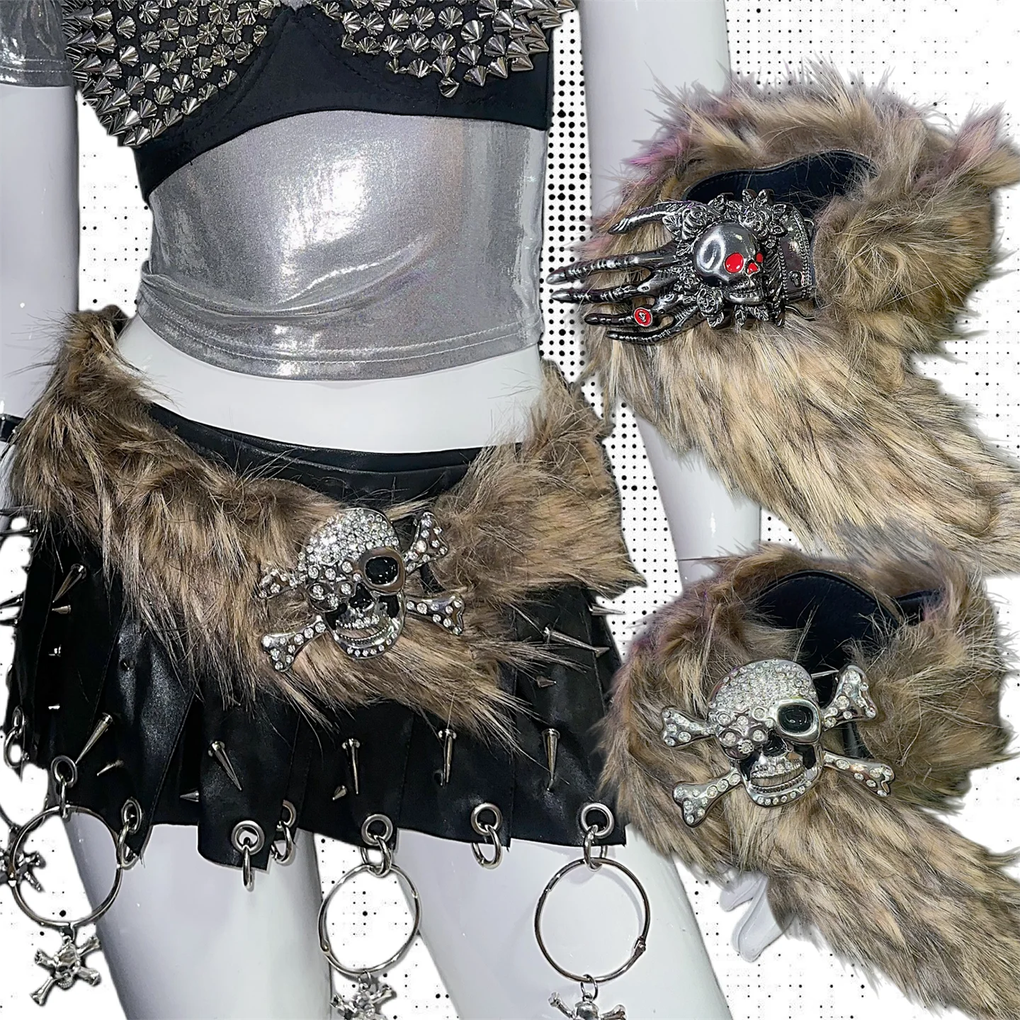 

Пояс из искусственного меха с индивидуальным дизайном: череп, когти, стразы. Стиль Y2K, панк, уличный, для миллениалов.