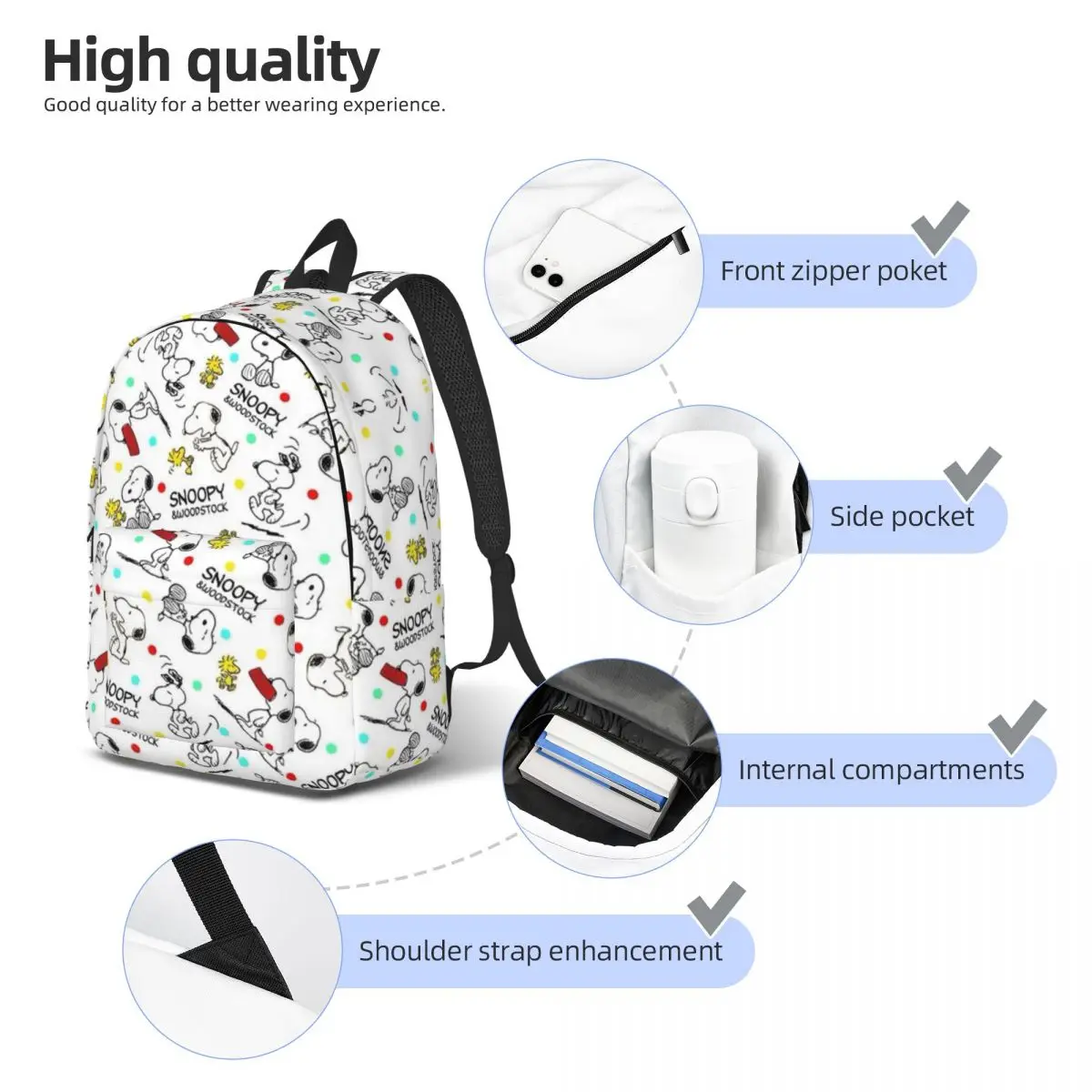 Mochila de lona elegante Snoopy – mochila confortável e espaçosa para trabalho, ao ar livre e viagens de fim de semana