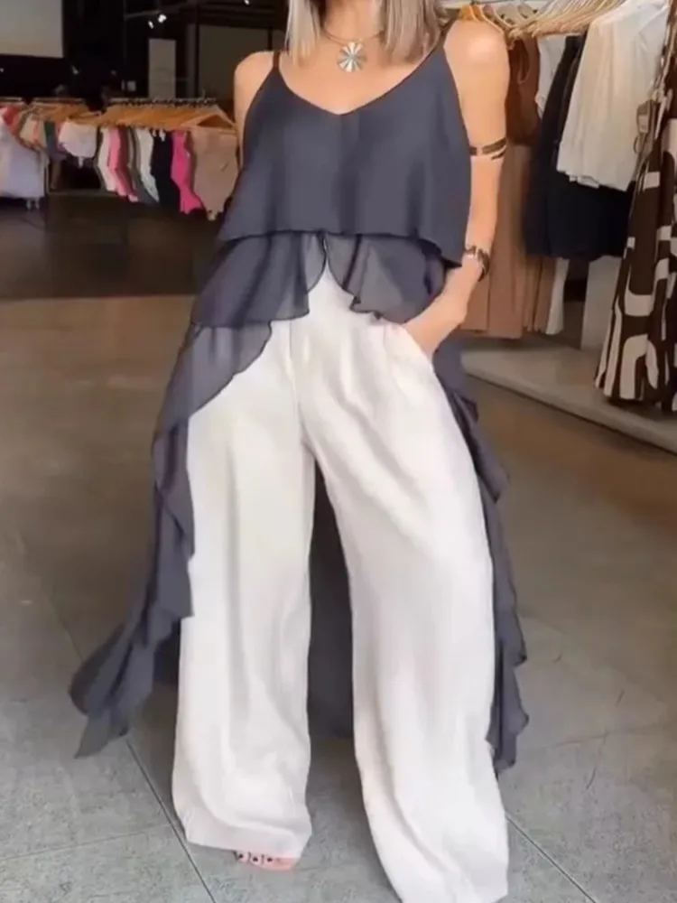 

Fashion Ruffles Spaghetti Strap Top For Women Sexy Sleeveless V Neck Long Tops Lady Summer Solid Holiday Beach Womens Clothing