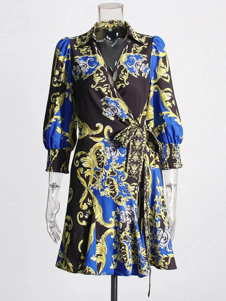 CHICEVER-minivestido con estampado Vintage para mujer, ropa elegante con cuello en V, manga farol, cintura alta, Patchwork, con cordones, nuevo