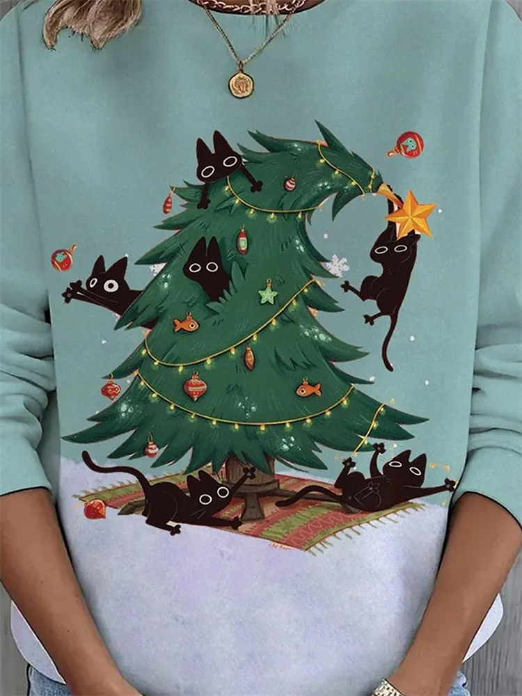 Women's Sweatshirt Festive Holiday Cats Christmas Tree Print Tee Crew Neck Long Sleeve Casual Comfort Winter Apparel Teal Top