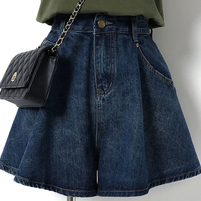 

Pop New Summer S-4XL Denim Shorts For Women Dark Blue Wide Leg High Waist Loose Jeans Shorts Femal Solid All-Match Half Pants
