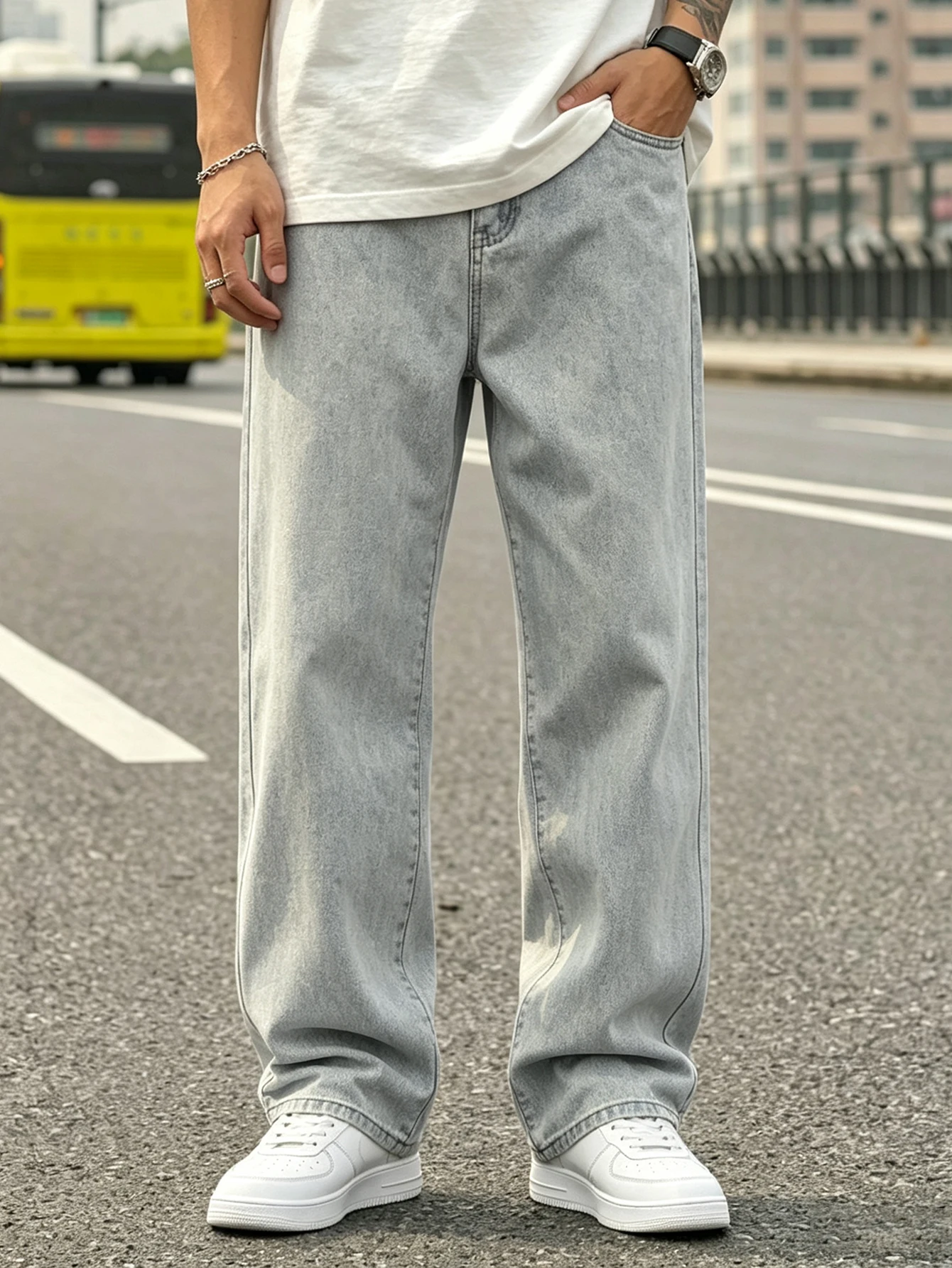 Jeans de hombre de pierna ancha y corte recto, estilo vintage, lavado claro, pantalones vaqueros holgados estilo 90s, pantalones casuales de denim estilo Y2K, hip hop, skate, ropa urbana