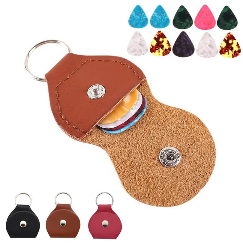 1 pc Guitar Plectrum Box with 10 pcs Guitar Picks Set PU Leather Keychain Plectrum Bag Picks Set