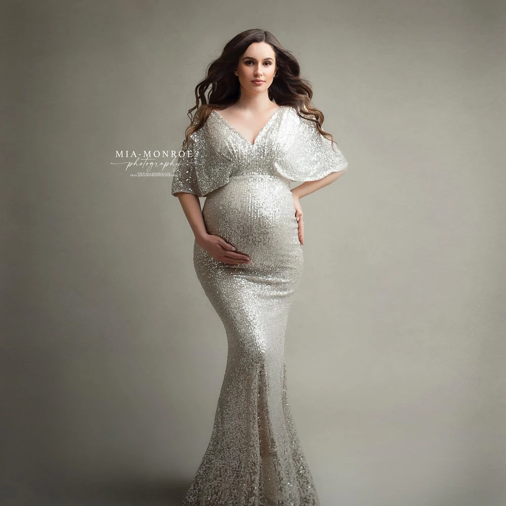 

Silver Sequin Maternity Dress for Photo Shoot Plus Size Maternity Gown Baby Shower Dress Pregnant Woman Photography Dress