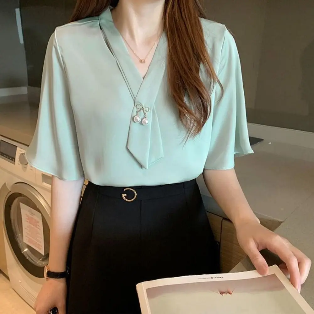 シックな無地のリボン付きエレガントシャツ、レースアップルーズロングスリーブブラウス、オフィスレディー向けオールマッチレディースシフォンブラウス、オフィス用