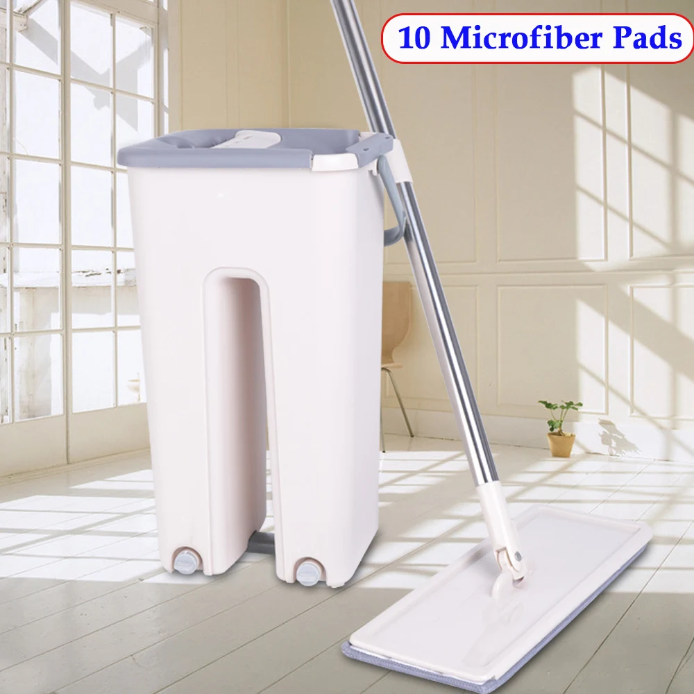 Hand Free Flat Floor Mop + Bucket Set For Professional Home Floor Cleaning System With 10 Washable Microfiber Pads For Hardwood