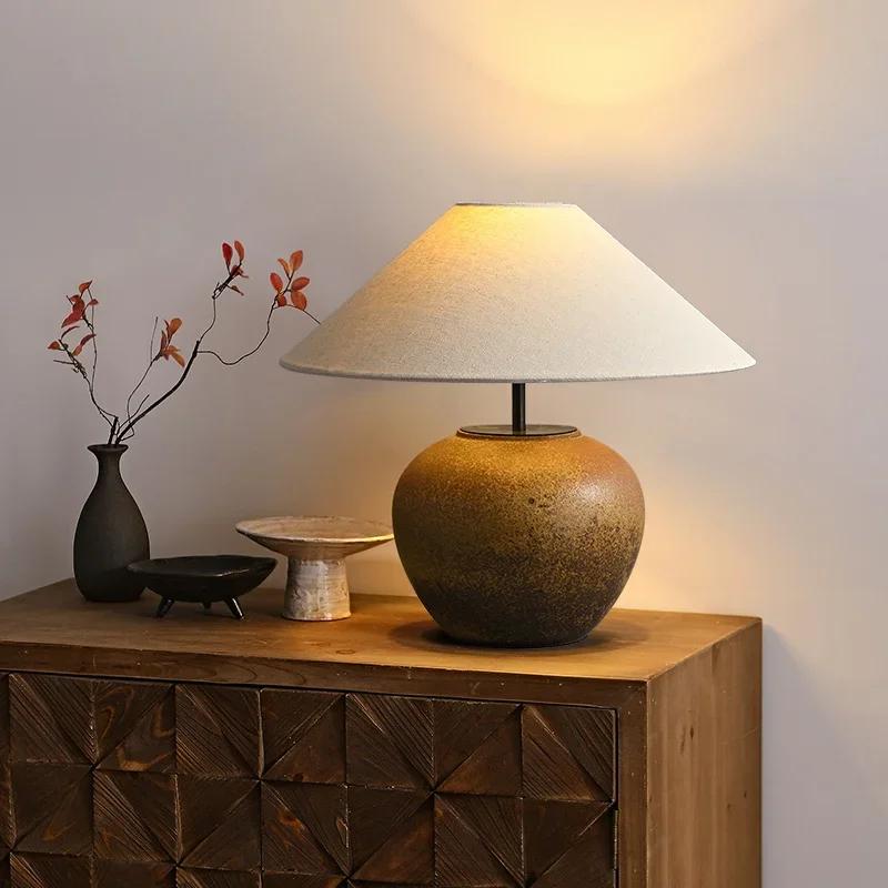 Wabi Sabi style handmade pottery jar table lamp,  designer living room bedroom decoration ornament