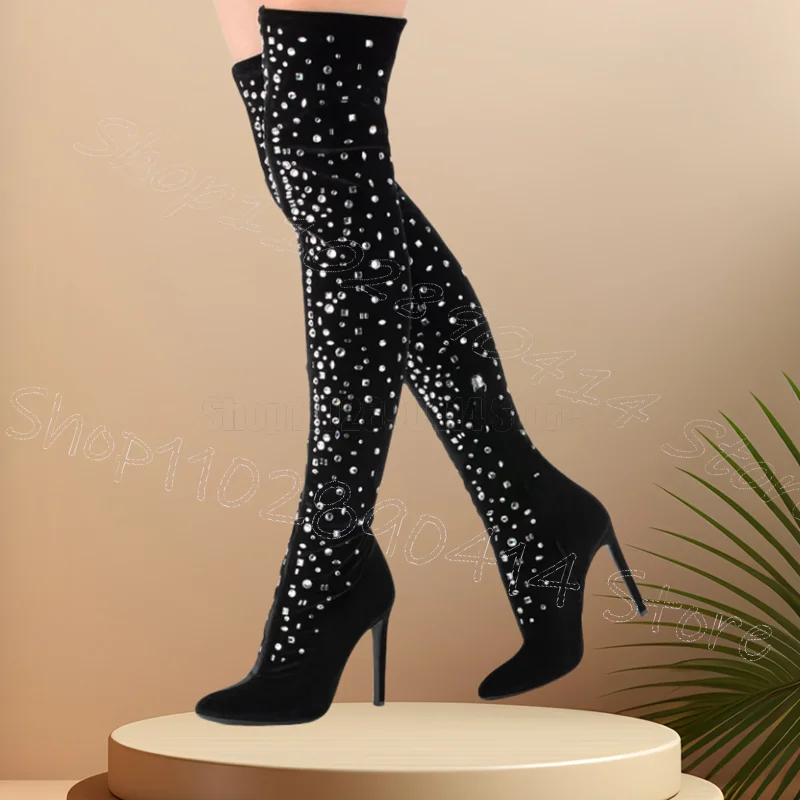 

Black Suede Pointed Toe Crystal Design Boots Side Zipper Women Shoes Thin High Heels Party Feast Dating 2025 Zapatos Para Mujere