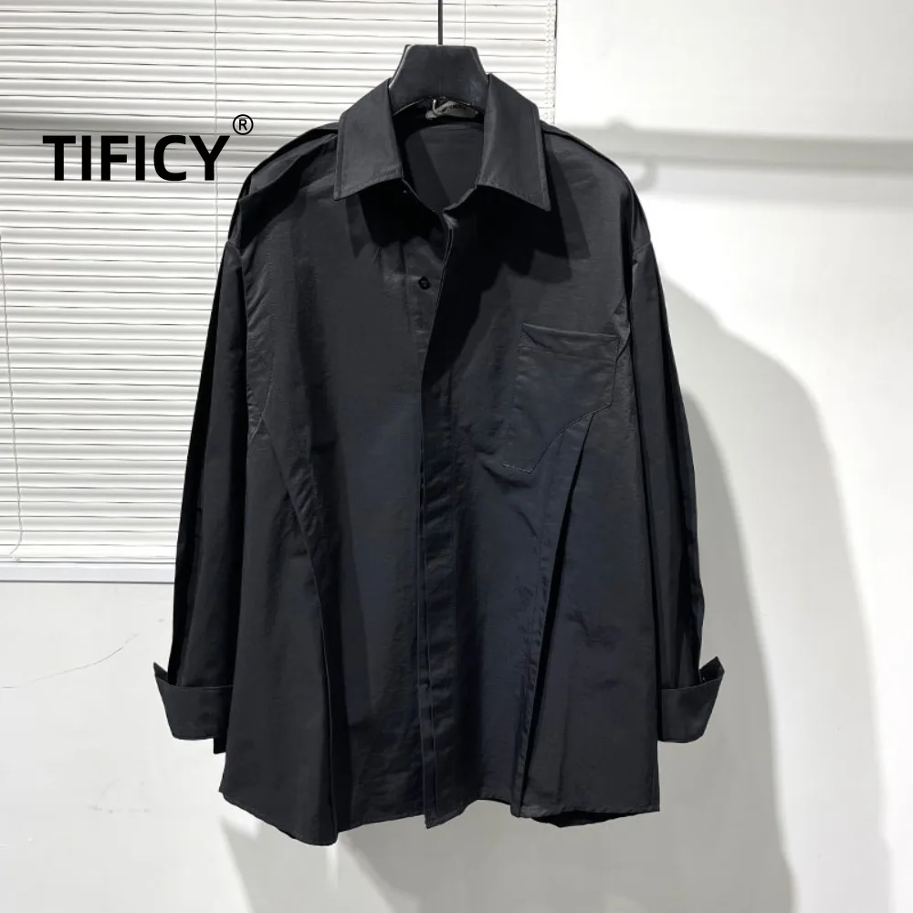 High Street Black Shirts Tops Autumn Men's Fashion Fake Two-piece Splicing Loose Workwear Shirt Simple Shirt Men Clothing