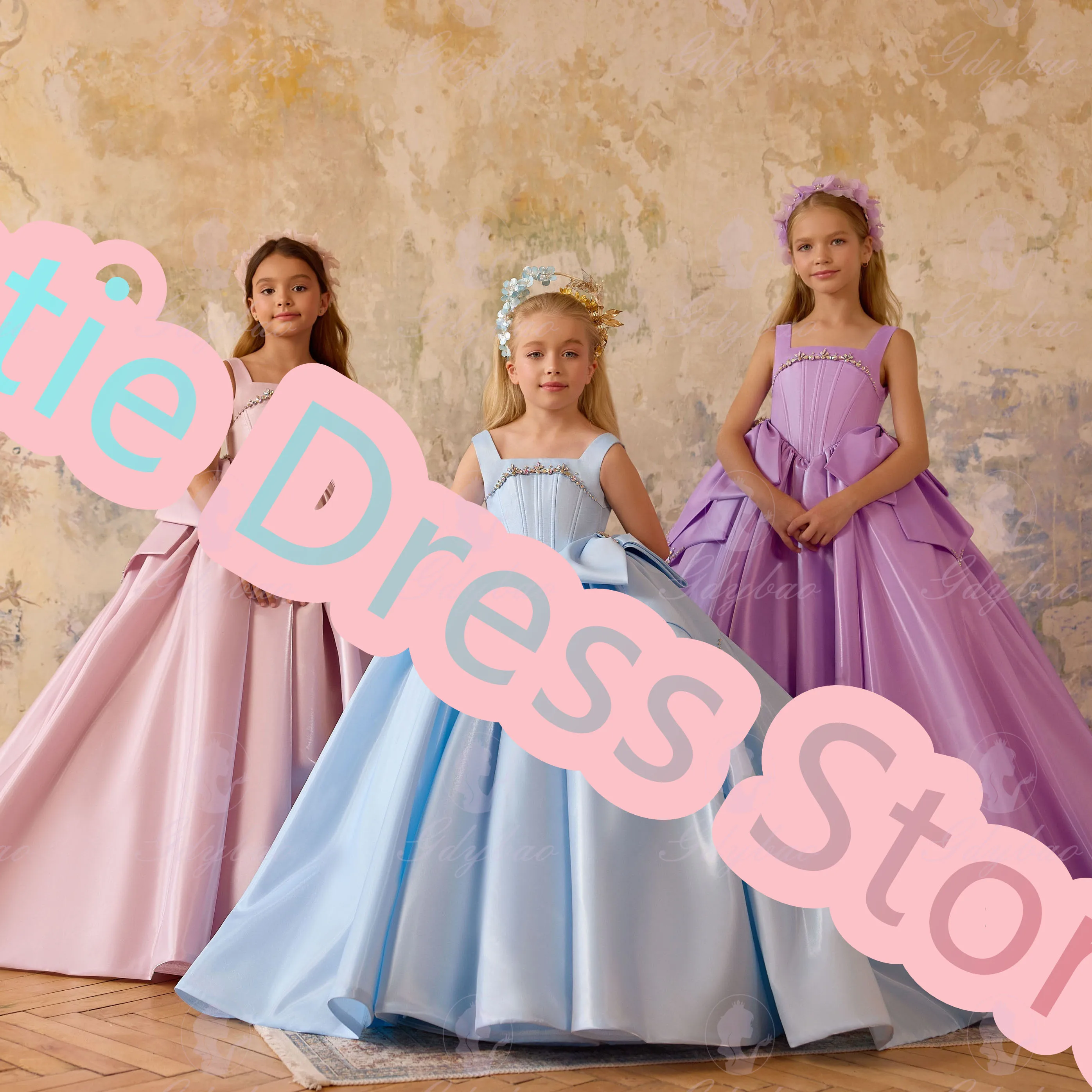 

Customized Pink Satin Sleeveless Flower Girl Dress For Wedding Beading Puffy Bow Kids Birthday Party First Communion Ball Gowns