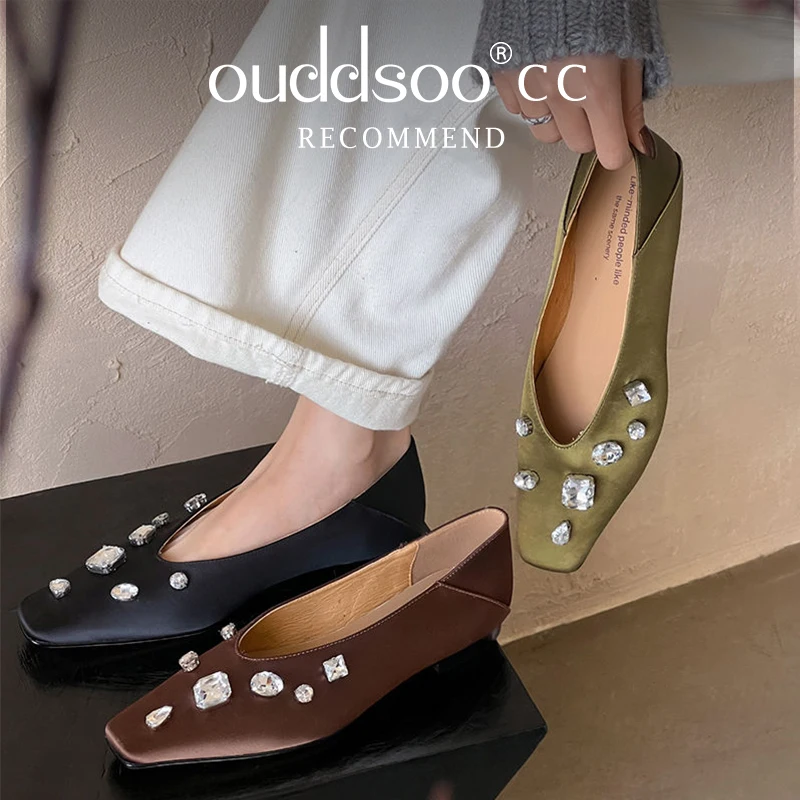 

Ods Ringstone Women Flats Shoes Silk Real Leather Sparkly Crystals Low Heels Shoes Casual Party Office Lady Daily Dress Elegant