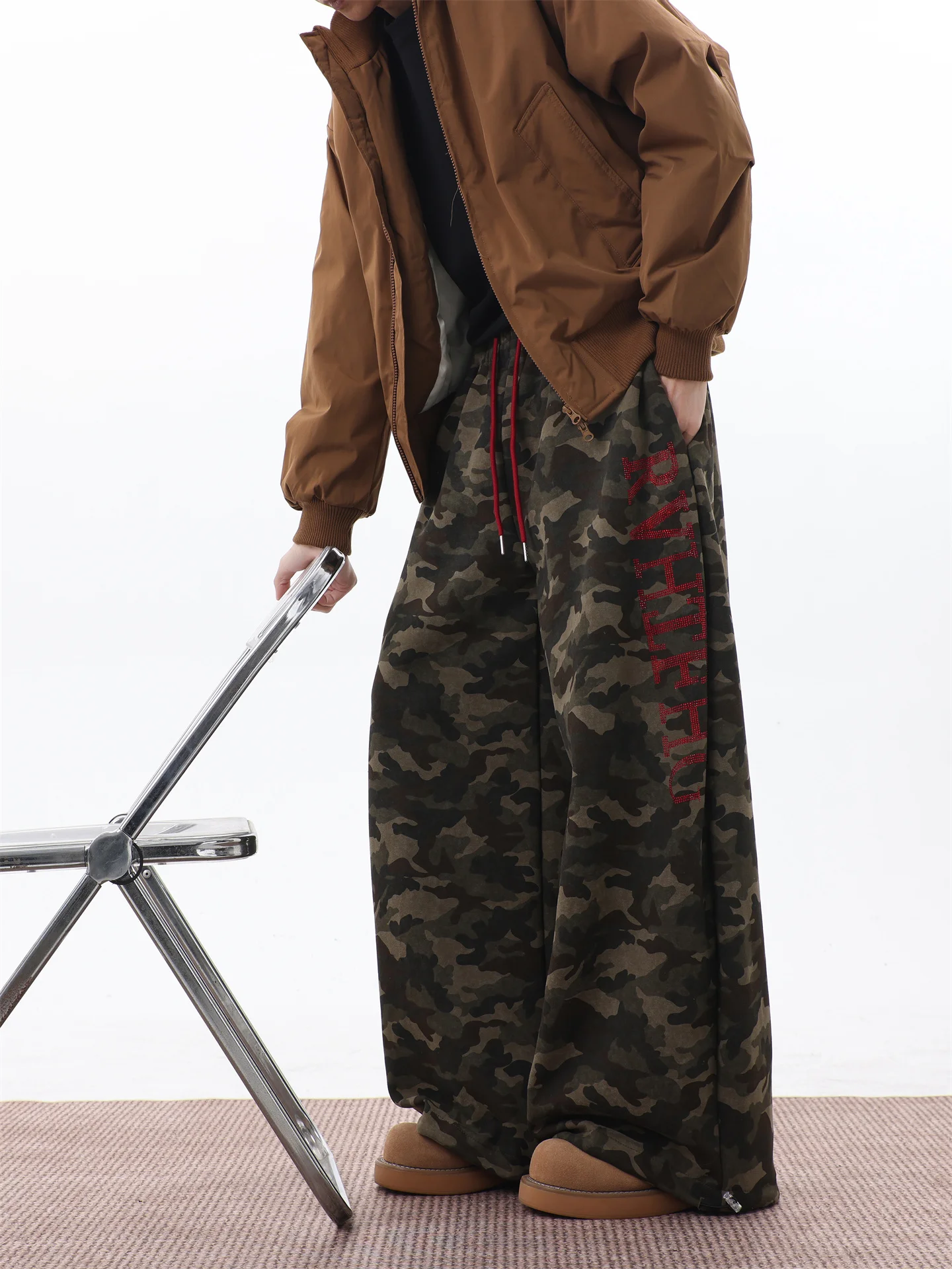 

American Sle Letter Rhinestone Camouflage Men's Street Hip Hop Jazz Dance Sports Pants Drapey Wide Leg Knife Sweatpants