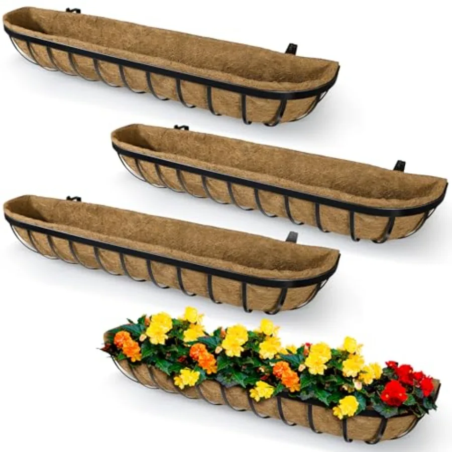 

4 Pack 24 Inch Window Deck Railing Planter Boxes with Coconut Liner Large Hanging Window Flower Boxes Metal Railing Planter for