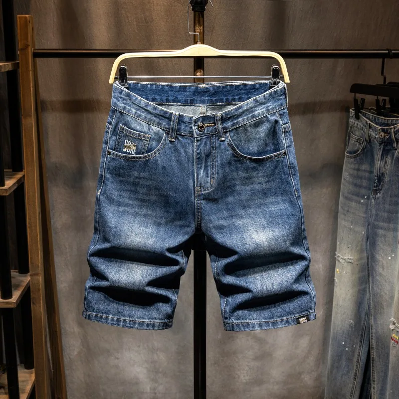 

Men’s Loose Stretch Thin Blue Denim Shorts Korean Y2K Street Baggy Vintage Summer Casual Daily Five-point Embroidery Mid Shorts