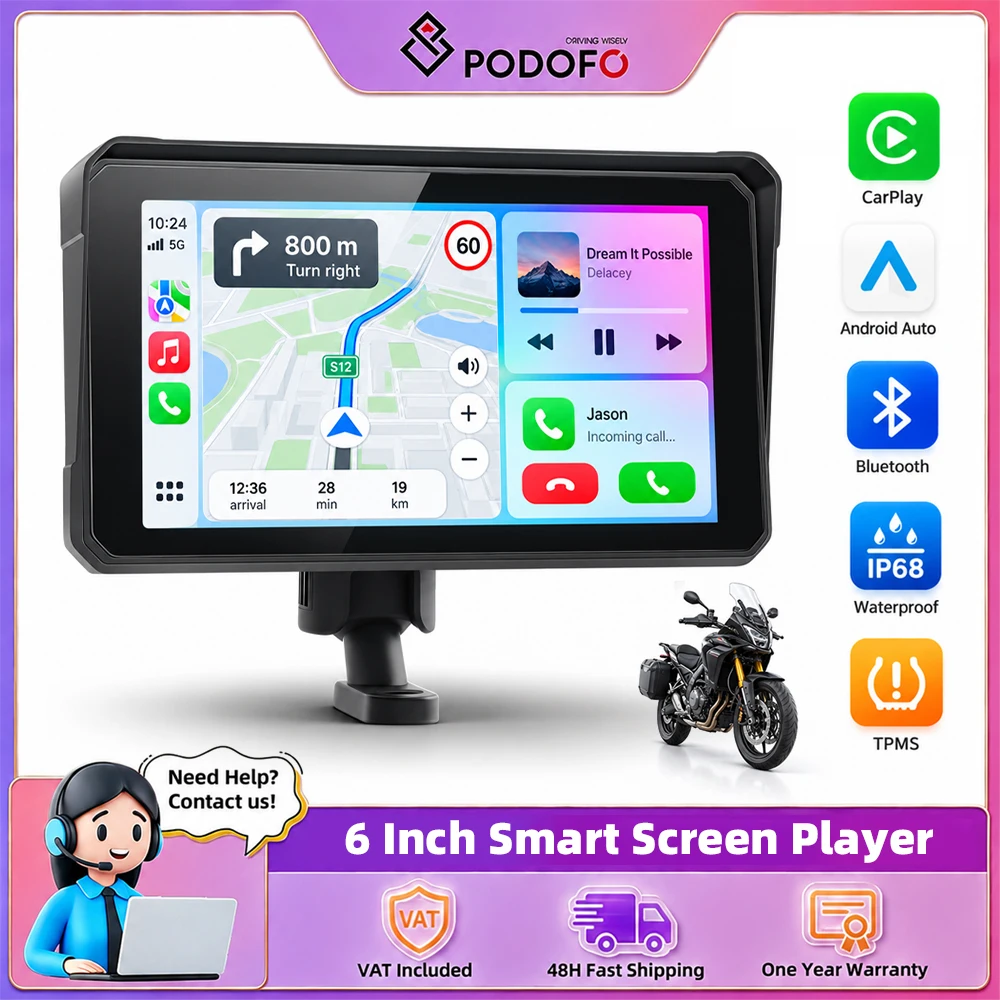Podofo, cruscotto digitale per moto da 6 pollici, con Carplay wireless, Android Auto, lettore multimediale portatile, resistente all’acqua (IP68), schermo HD, autoradio, sistema di guida intelligente.