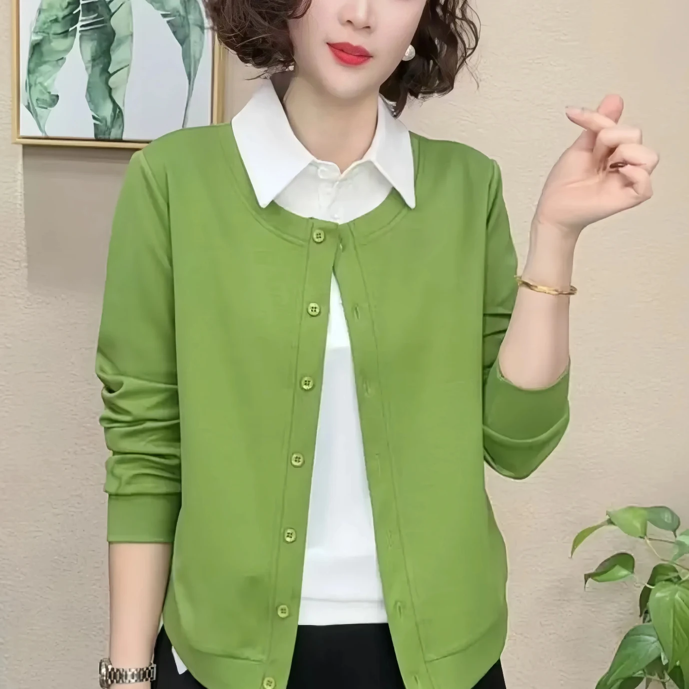 

Spring Autumn Loose Fashionable Ladies Long Sleeve Shirt Collar Fake Two-Piece Color Block Top Korean Style Slimming Polyester