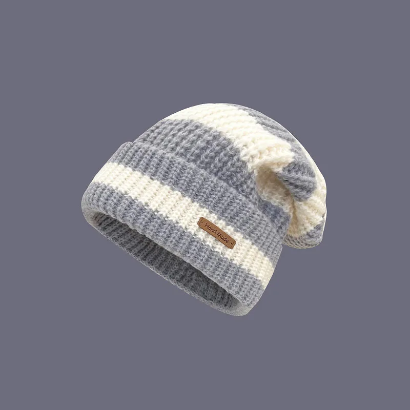 Japanese Vintage Stripe Letter Small Label Stripe Large Edition Woolen Hat Children\'s Warm Autumn and Winter Versatile Knitted P